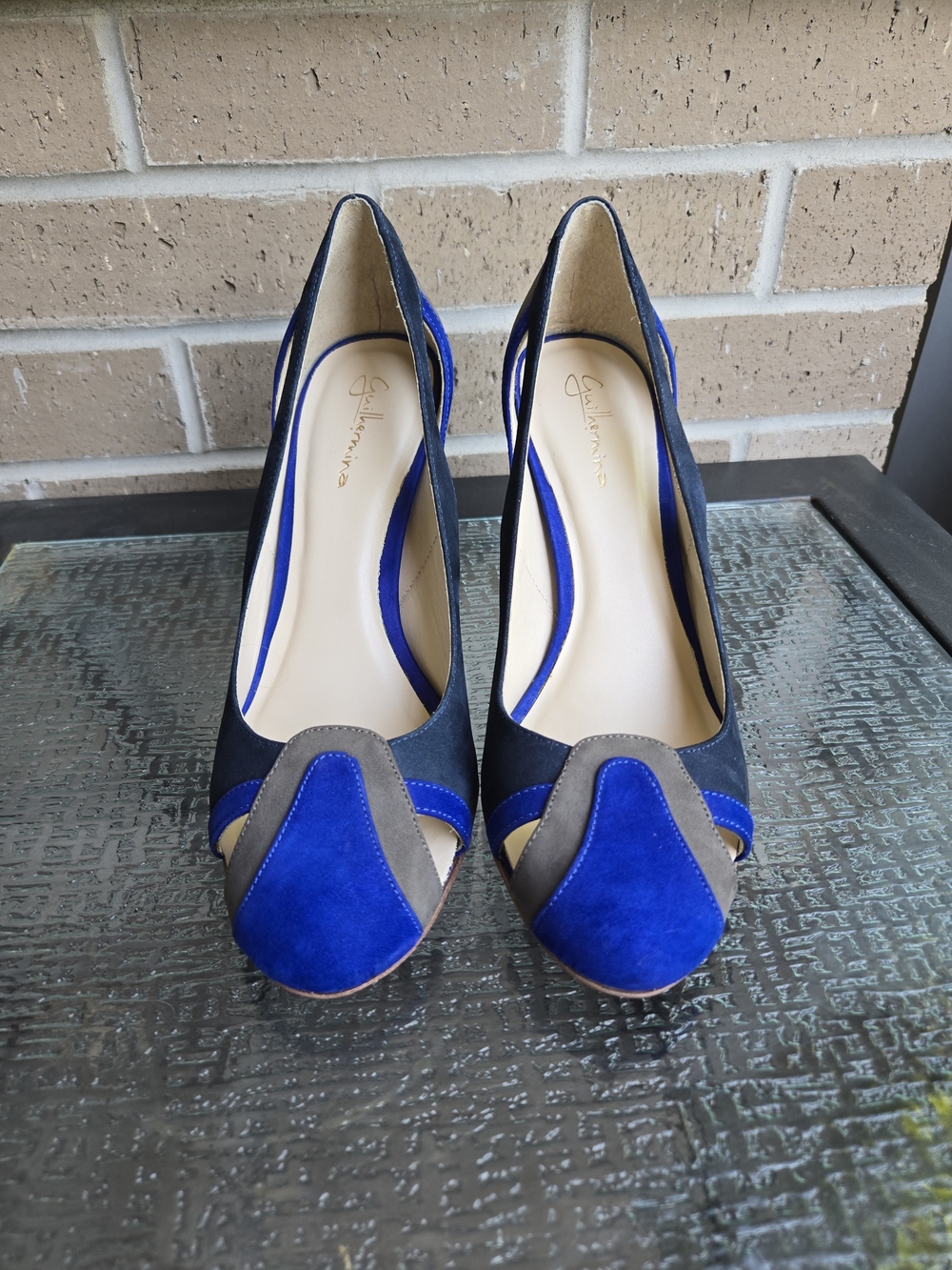 Guihermina Anthropologie Royal Blue/purpl LEATHER Peep-Toe Heeled Pumps USA 9M